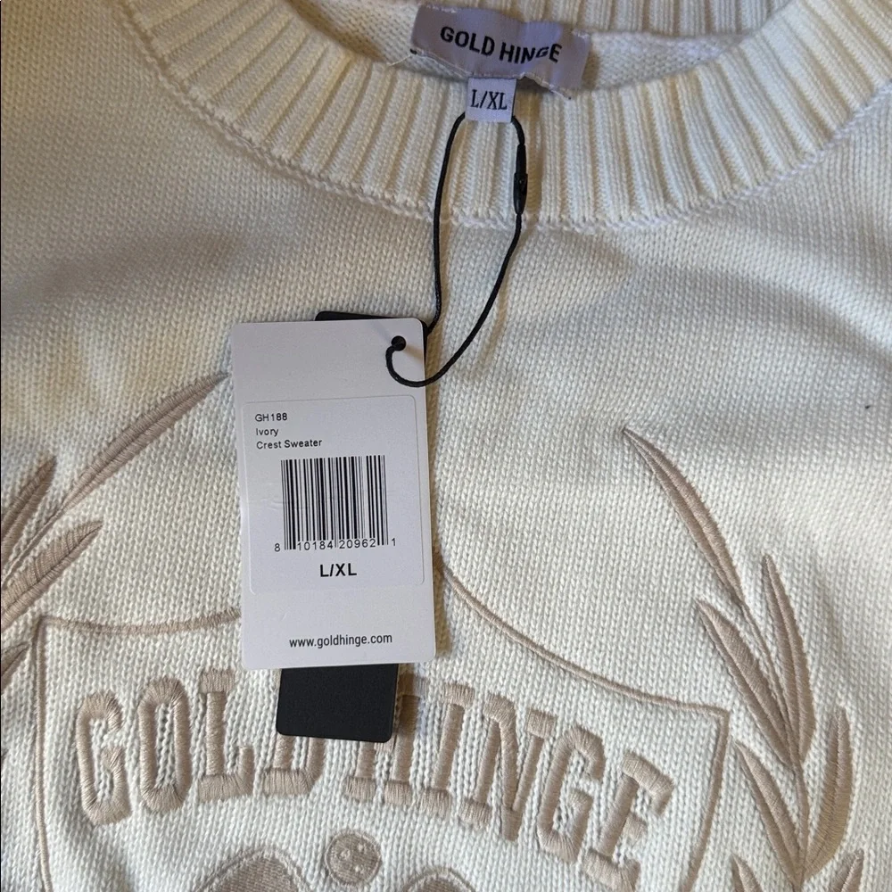 Cream Embroidered Crewneck Sweater with Laurel Crest - Picture 2 of 4